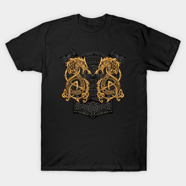 Fighting Fenrir Gold T-Shirt by celtichammerclub